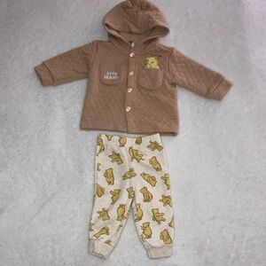 #64. Disney Baby - Brown Quilted Hoodie Winnie the Pooh Print Pants Set
